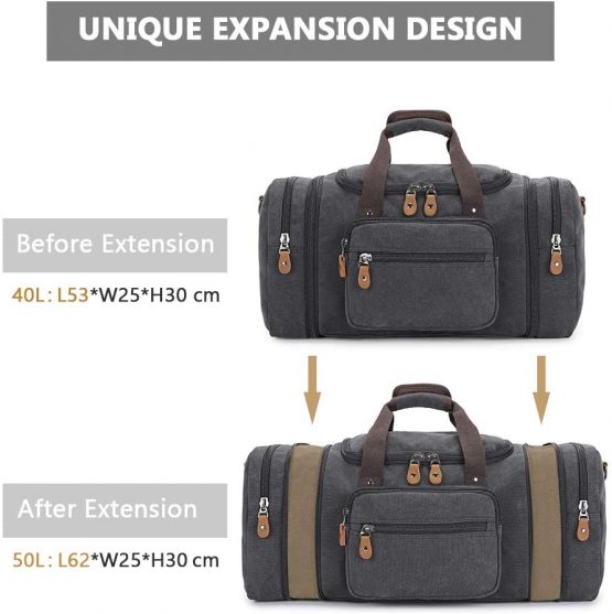 Plambag by Gonex Expandable Canvas Holdall Bag for Men, 40L / 50L Large Duffel Bag for Men, Overnight Weekend Bag, Unisex Holdall Travel Duffle Bag, Weekender Bag for Men & Women, Dark Gray - Image 3