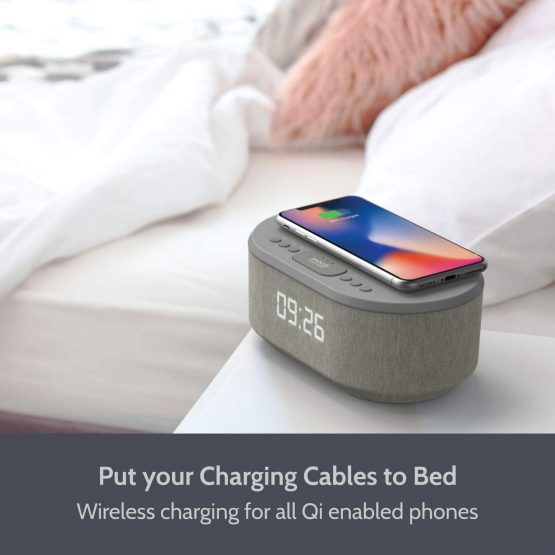 Bedside Wireless Charging Non Ticking Radio Alarm Clock with Dimmable LED Display - Mains Powered Dual Alarm Clock with USB Charger and Bluetooth Speaker - Image 2