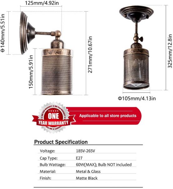 Industrial Wall Light 2 Pack, LULING Steampunk Metal Net Lampshade Interior Vintage Wall Lamp Adjustable Socket for Garage Gate Porch Hallway（NO Bulb） - Image 2