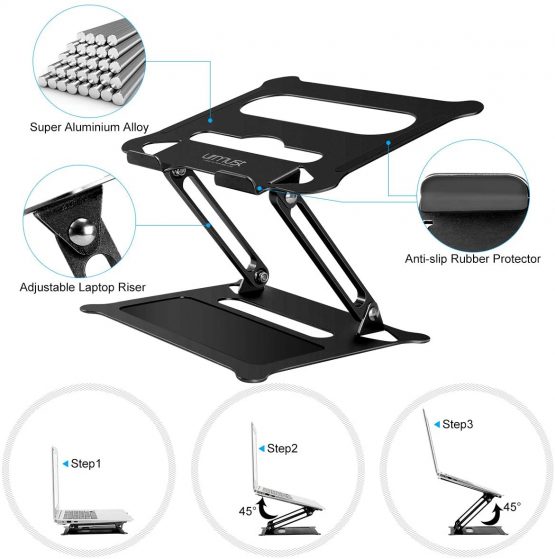 Urmust Laptop Notebook Stand Holder, Ergonomic Adjustable Ultrabook Stand Riser Portable with Heat-Vent Compatible with MacBook Air Pro, Dell, HP, Lenovo Light Weight Aluminum Up to 15.6"(Black) - Image 4