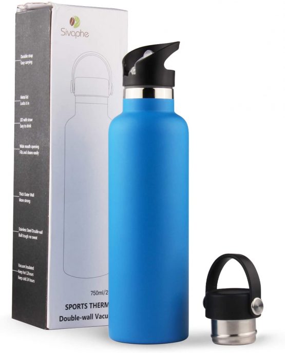Sivaphe Water Bottle Insulated for Sports Outdoor, Drink Flasks Stainless Steel, Double Walled, Vacuum, Leak-proof, with 2 lids and straw, 750ml