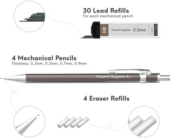 MozArt Mechanical Pencil Set with Case - 4 Sizes: 0.3, 0.5, 0.7 & 0.9 mm, 30 HB Lead refills each & 4 Eraser Refills - Drafting, Sketching, Illustrations, Architecture, Writing - Image 3