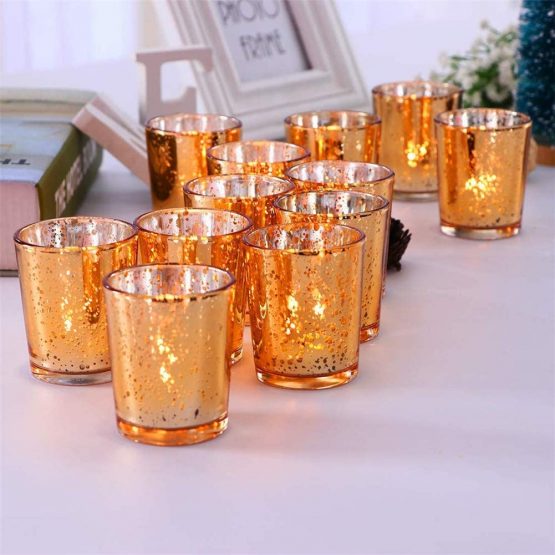GUIFIER 12PCS Classy Mercury Glass Votive Tealight Candle Holders,Speckled Gold Candle Holder 2.67" H for Weddings, Parties and Home Decoration - Tea Light Candles are not included - Image 4