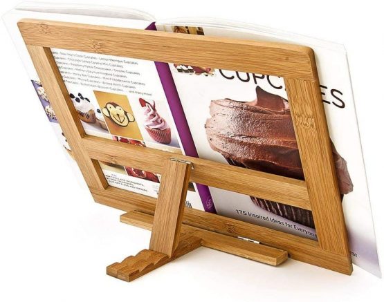 Relaxdays Bamboo Cookbook Holder, 24 x 32 x 18 cm, Recipe Book Stand Ajustable, 3 Angles, Kitchen Reading & Book Support w/ Page Holder, Brown - Image 4