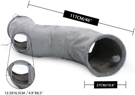 OHANA S Form Collapsible Cat Tunnel Toy in suede, Large cat tunnels for indoor cats rabbits with 2 holes and suspended ball Dia27*117cm - Image 2