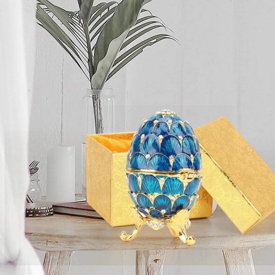 Hand-Painted Mini Faberge Enameled Easter Egg with Rich Enamel and Sparkling Rhinestones Jewelry Trinket Box, 4 Colors(Blue) - Image 3
