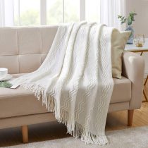 Bourina Textured Solid Soft Sofa Throw Couch Cover Knitted Decorative Blanket, White, 125x152cm