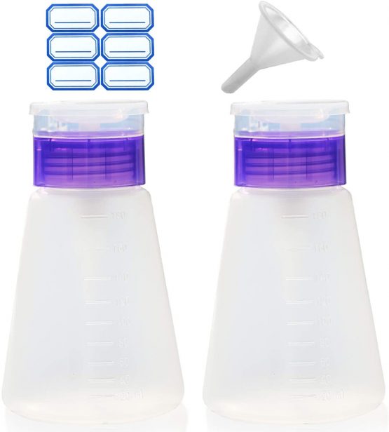 Acetone Pump Dispenser Push Down Pump Dispenser Lockable Alcohol Dispenser Bottle 2 Packs 180ml One-Touch Pump Dispenser Empty Bottle For Alcohol,Acetone,Nail Polish & Makeup Remover, Toner ect.