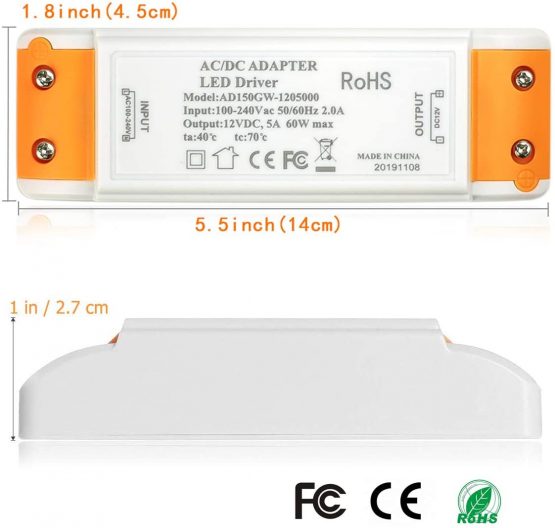 LED Transformer, LED Power Supply 0-60W LED Driver Adapter 12V DC 5A - Constant Voltage for LED Strip Lights and G4, MR11, MR16 LED Light Bulbs (60W) - Image 3