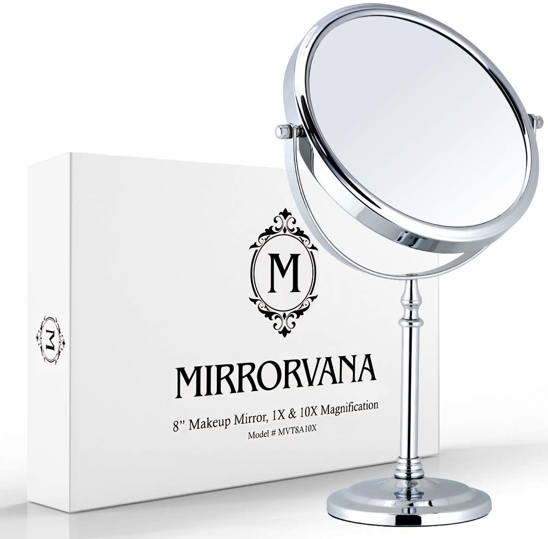 MIRRORVANA Large 10X Magnifying Makeup Mirror on Stand for Bedroom and Bathroom Classic Free Standing Round Table Mirror with Double Sided 10X/1X Magnification