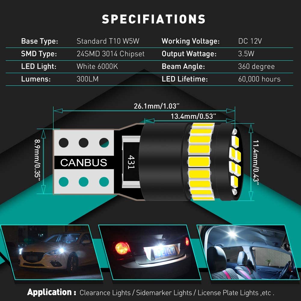 KATUR 194 LED Light Bulb 6000K White Super Bright 168 2825 W5W T10 Wedge 24-SMD 3014 Chipsets LED Replacement Bulbs CANBUS Error Free for Car Dome Map Door Courtesy License Plate Lights (10pcs,White) - Image 4