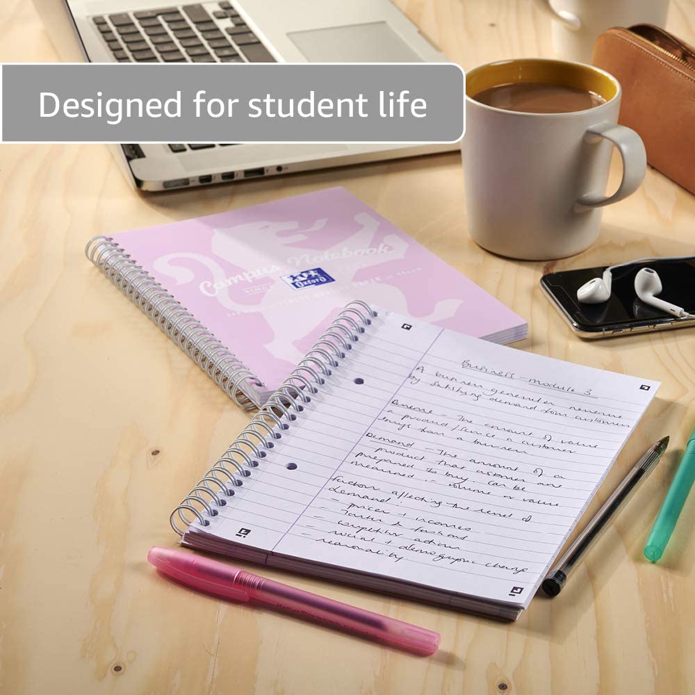 Oxford Campus A5 Notebook, Wirebound, 8 mm Lined with Margin, 140 Page, Pack of 3 Notepads, Pastel Colours, Optik Paper+ - Image 4