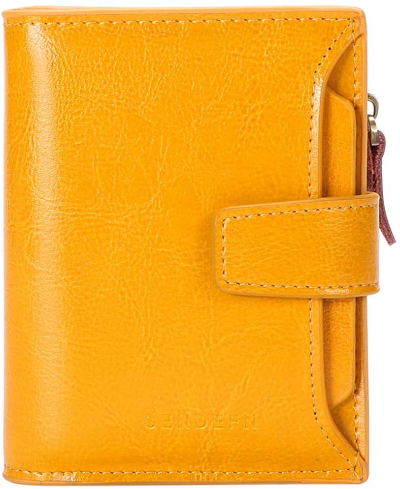 SENDEFN Women's RFID Blocking Leather Small Compact Bi-fold Zipper Pocket Wallet Card Case Purse with ID Window