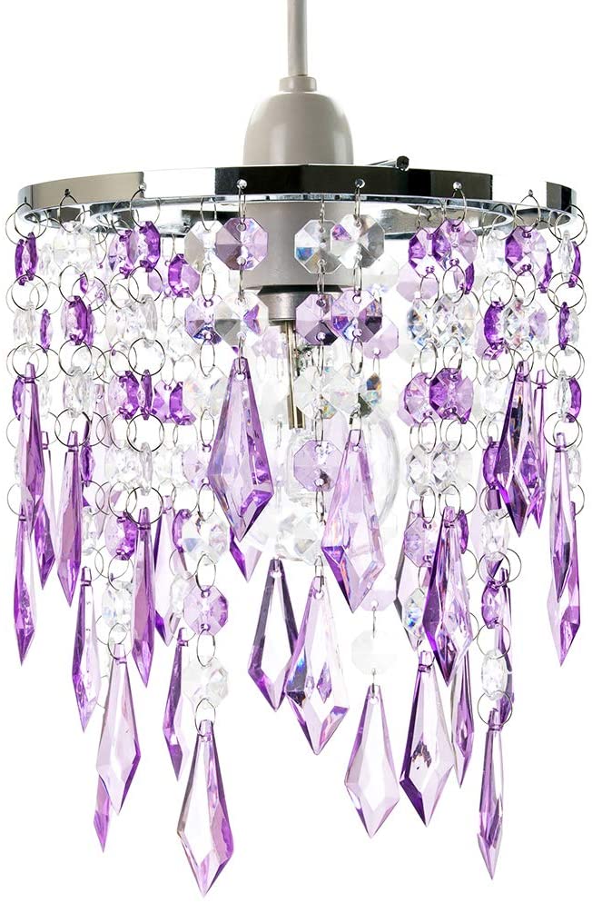 Modern Waterfall Design Easy Fit Pendant Shade with Clear/Purple Acrylic Droplets and Beads - Chrome Metal Rings - 16cm Diameter by Happy Homewares - Image 2