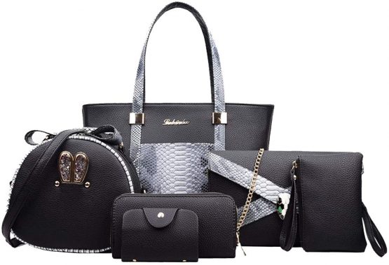Rullar Women 6 Pcs Bag Set Stitching Handbag and Purse PU Top-Handle Bag Tote Clutch Wallet Card Holder Beige