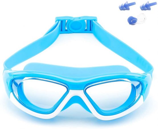 Big Frame Wide-Vision Swim Goggles for Children Girls Boys(Age 6-15 years old), Premium Polarized Kids Swimming Goggles Diving Mask Anti Fog No Leaking UV Protection-with FREE Case,Nose Clip Ear Plugs