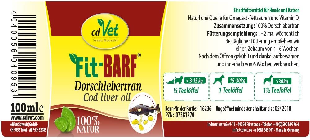 cdVet Naturprodukte Fit-BARF Cod Liver 100 ml, Dog, supplier of omega-3 fatty acids and vitamin D, bone building - Image 2