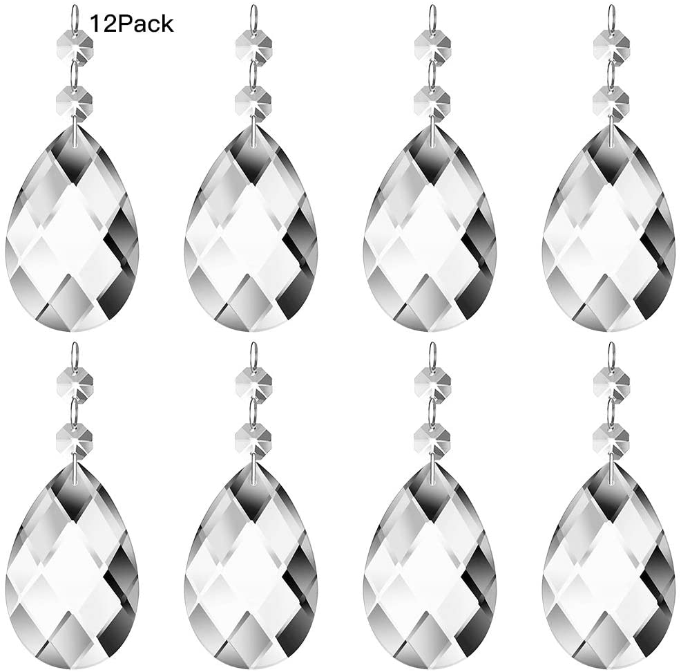 JaneYi (12 Pack) 48mm Teardrop Crystal Pendant Clear Crystal Glass Chandelier Prism Sun Catcher Parts with 12 Octagonal Beads and Connecting Rings for Lamp Vase Garden Party Christmas Wedding Decor