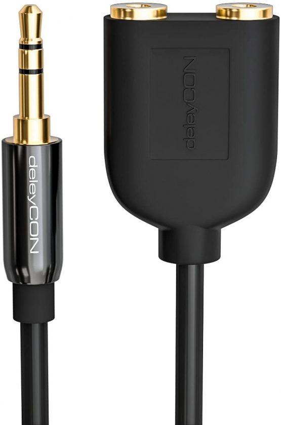 deleyCON Stereo Audio Jack Adapter - 2x 3.5mm Jack Female to 1x 3.5mm Jack Male - Black - Image 4