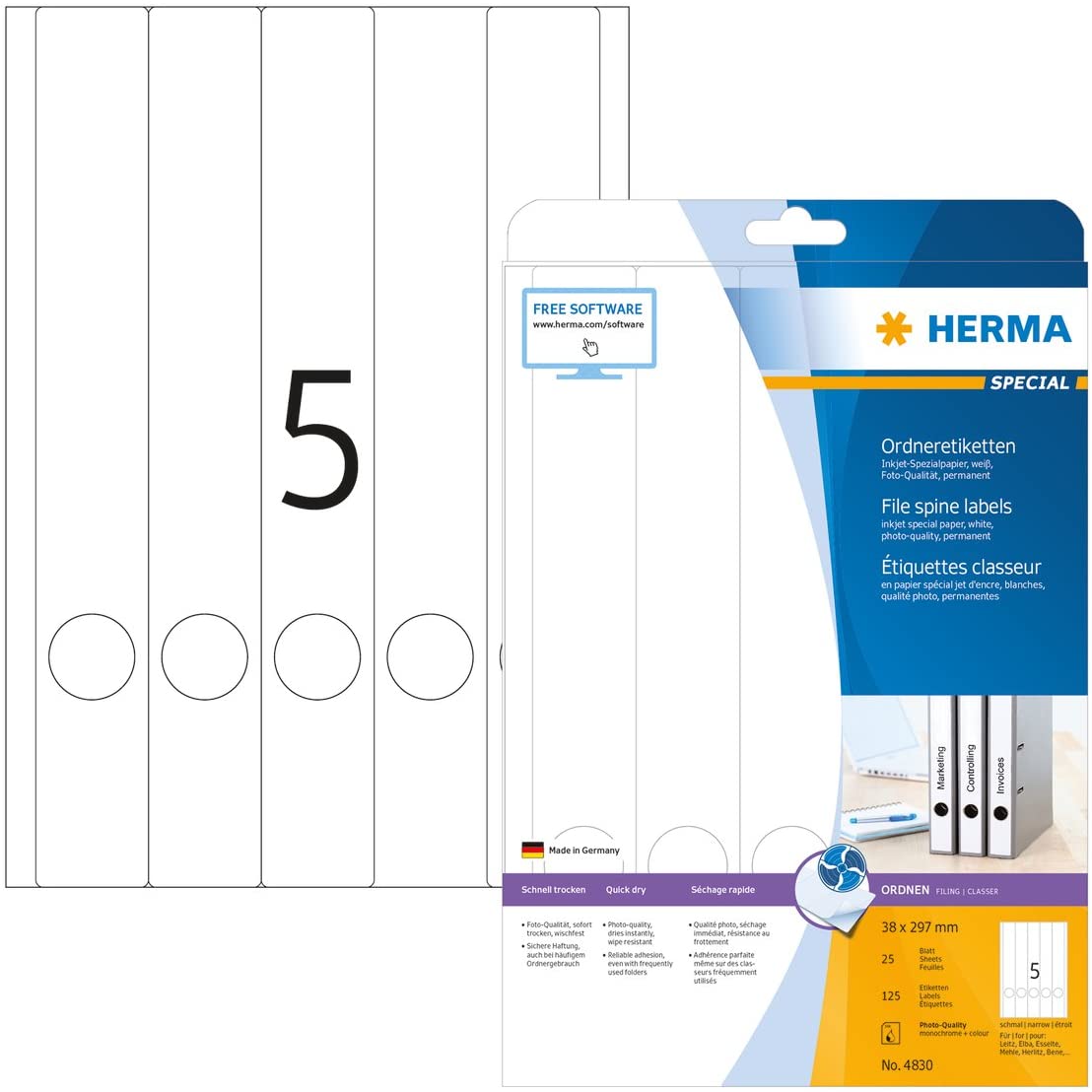 HERMA Self Adhesive Spine Labels, 5 Labels per A4 Sheet, 25 Sheets, 38 x 297 mm, 125 Labels