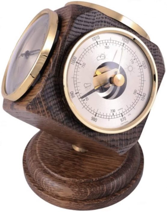 Vintage Oak Weather Station Desk Ornament - includes a thermometer, barometer, & hygrometer. - Handmade in Germanyage Oak Weather Station Desk Ornament - includes a thermometer, barometer, & hygrometer. - Handmade in Germany.