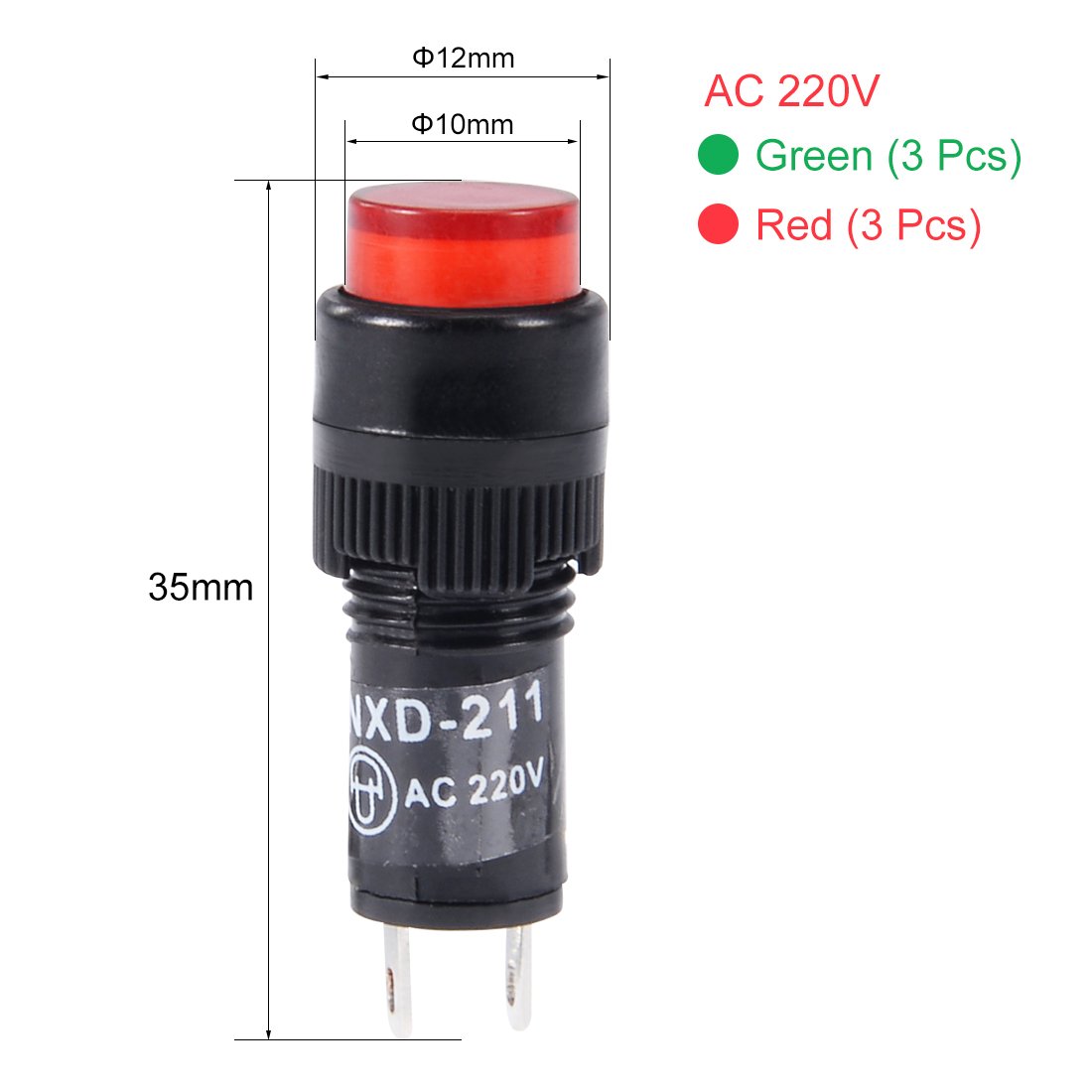 sourcing map Indicator Lights AC 220V, NXD-211 Red+Green Neon Bulb, Flush Panel Mount 2/5" 10mm, 6Pcs, Green + Red, AC 220V 6Pcs - Image 2