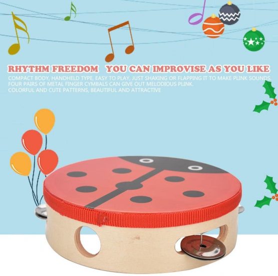 Dilwe Wood Tambourine, 6 inch Wooden Handheld Tambourine Hand Drum Bell Musical Percussion Instrument Toy Gift - Image 3