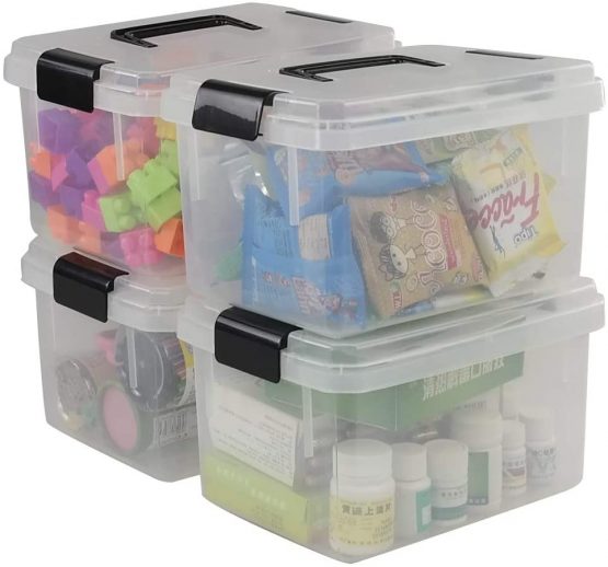 Fosly 4 Set of Transparent Plastic Storage Boxes with Lids Clip, Small Plastic Box with Lid