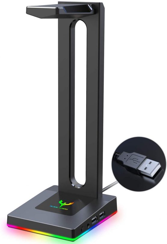 Blade Hawks RGB Gaming Headphone Stand with 3.5mm AUX and 2 USB Ports for PC, Durable Headset Stand Holder for Bose, Beats, Sony, Sennheiser, Jabra, JBL, AKG, Fancy Gaming Accessories - HS18