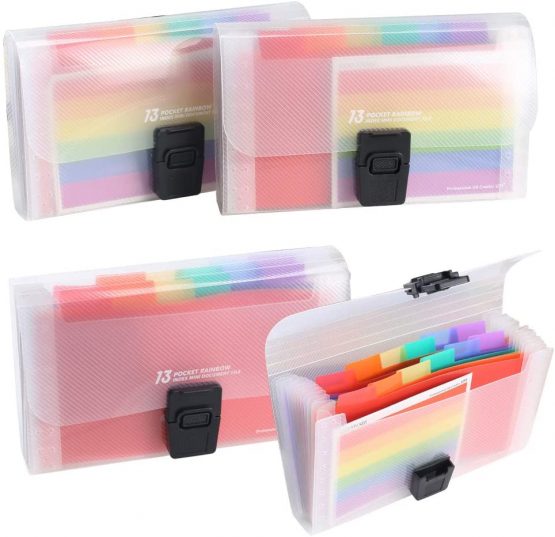 4 Pack Expanding File Folder, AILANDA A6 13 Pockets Rainbow Document Organiser A6 Accordion Folder Receipt Organiser Wallet Case with Labels Index for Bills Cards Coupons 17.7 x 10.5 x 2.5cm