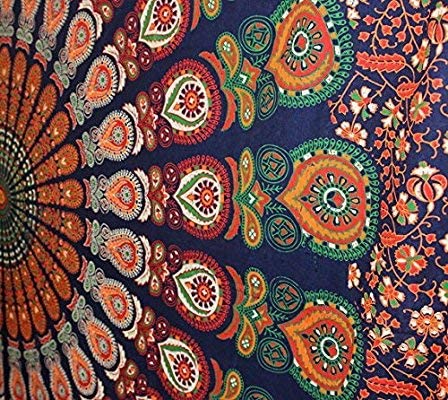 raajsee Indian Cotton Blue Orange Tapestry Mandala Wall Hangings, Boho Throw Bohemian Bedding Queen Bedspread 140X210 CMS - Image 2