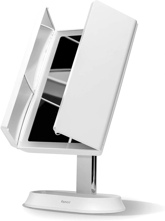 Fancii LED Makeup Mirror with 3 Light Settings, Rechargeable Trifold Vanity Mirror with 5x / 7x Magnifications - Dimmable, Ultra Reflective Glass, Touch Sensor, Cosmetic Stand (Zora)