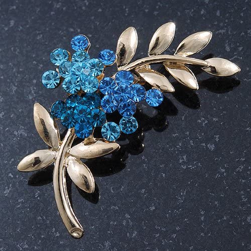 Blue Diamante Floral Brooch In Gold Plating - 50mm Length, gold, blue, light blue - Image 2