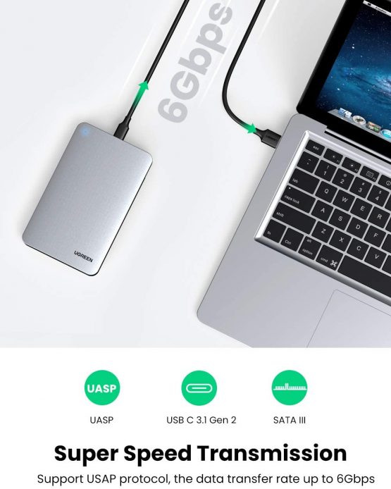 UGREEN 2.5" Hard Drive Enclosure, USB C 3.1 Gen2 External SATA Disk Caddy Reader, 6 Gbps UASP Thunderbolt 3 Aluminum Case Compatible with 7mm 9.5mm SATA 2.5 HDD SSD,MacBook,Laptop,PS4,Xbox,TV (White） - Image 3