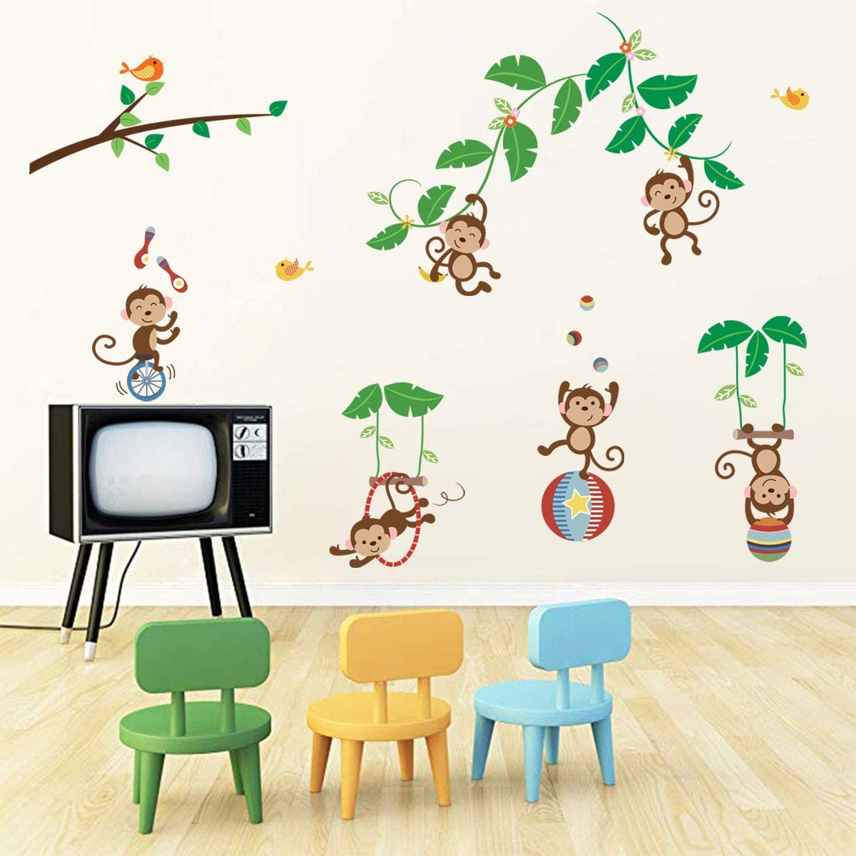 decalmile Monkey and Tree Wall Decals Jungle Animal Circus Kids Wall Stickers Baby Nursery Childrens Bedroom Wall Decor - Image 3