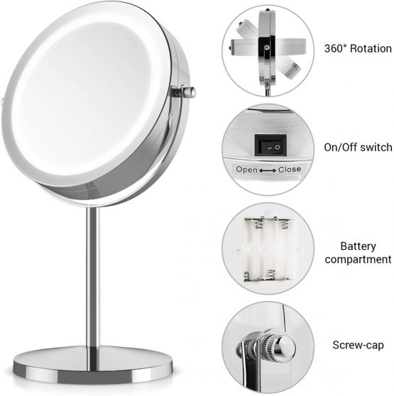 Navaris LED Illuminated Makeup Mirror - Two-Sided Vanity Mirror with Normal and 5x Magnification - 2-in-1 360° Swivel Cosmetics Mirror - Silver - Image 3