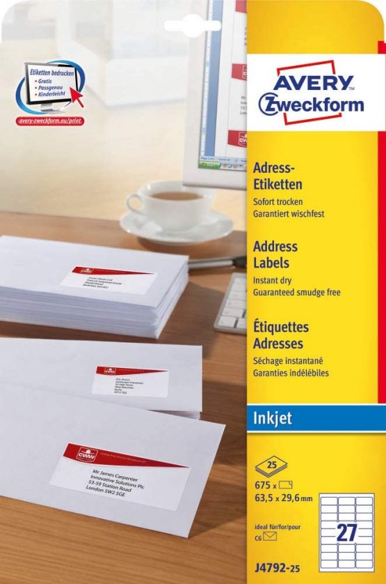 Avery Zweckform J4792-25 Address Labels (63.5 x 29.6 mm 25 Sheets White Matt Paper Pack of 675 - Image 4