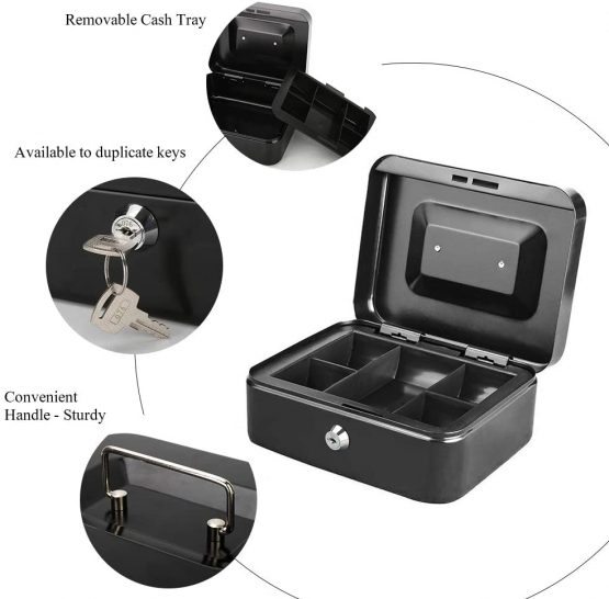 Cash Box with Money Tray, Metal Locking Money Box with Key Lock for Security, 7 4/5" x 6 4/5" x 3 3/5", Black - Image 4
