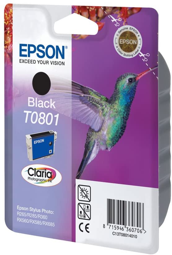 EPSON T0801 7.4 ml Ink Cartridge, Black, Genuine, Standard