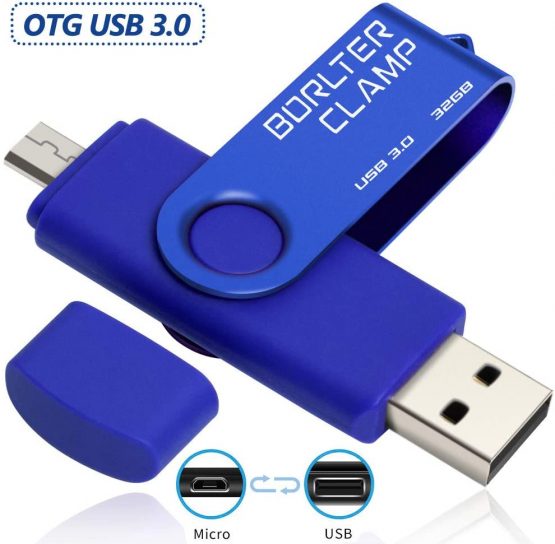 BorlterClamp 32GB Dual USB 3.0 Flash Drive OTG Memory Stick, Thumb Drive with Micro USB Drive Port for Android Smartphone Tablet & Computer (Blue)