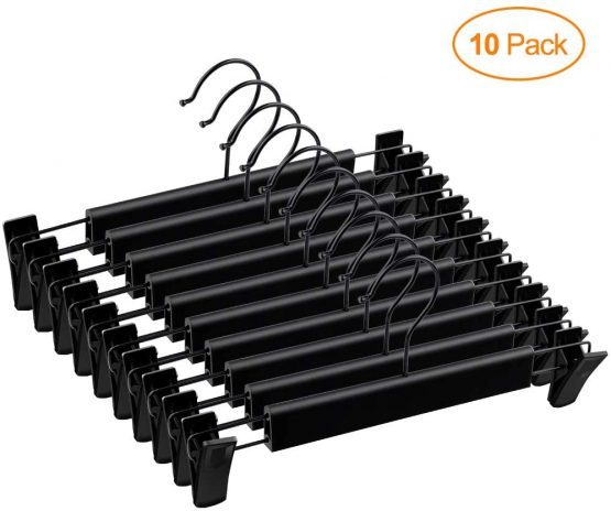 Mutsitaz 10 Pack Trousers Hangers with Adjustable Anti-Rust Clips for Trousers, Skirts, Clothes Hanger Black