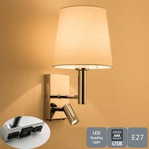 HARPER LIVING 1xE27/ES Up Down Wall Light with Adjustable LED Reading Light, 1 USB Port and 2 On/Off Switches, Polished Chrome Finish, White Fabric Shade (Cylinder Shade)