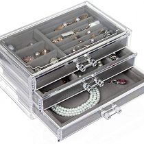 EXLECO Jewelry Box Jewelry Organizer for Women and Girl with 3 Drawers Storage Box for Jewelry Clear Acrylic Jewelry Display Case for Earring Bracelet Ring Necklace