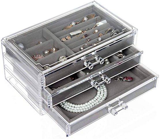 EXLECO Jewelry Box Jewelry Organizer for Women and Girl with 3 Drawers Storage Box for Jewelry Clear Acrylic Jewelry Display Case for Earring Bracelet Ring Necklace