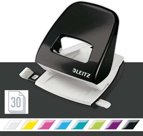 Leitz Hole Punch, 30 Sheets, Guide Bar with Format Markings, Metal, WOW Range, 50081095 - Black