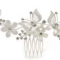 Avalaya Large Crystal Flower and Butterfly Side Hair Comb in Matte Light Silver Tone - 11cm W