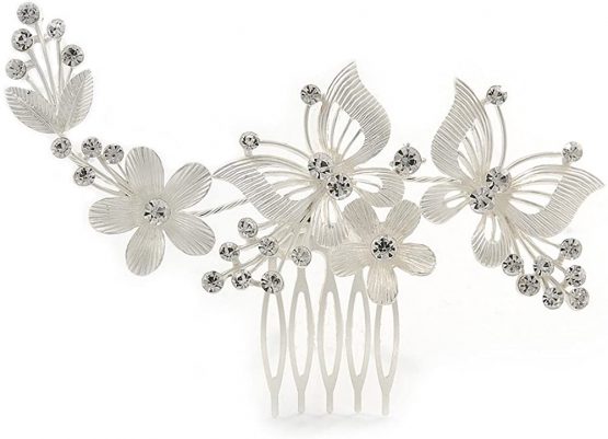 Avalaya Large Crystal Flower and Butterfly Side Hair Comb in Matte Light Silver Tone - 11cm W