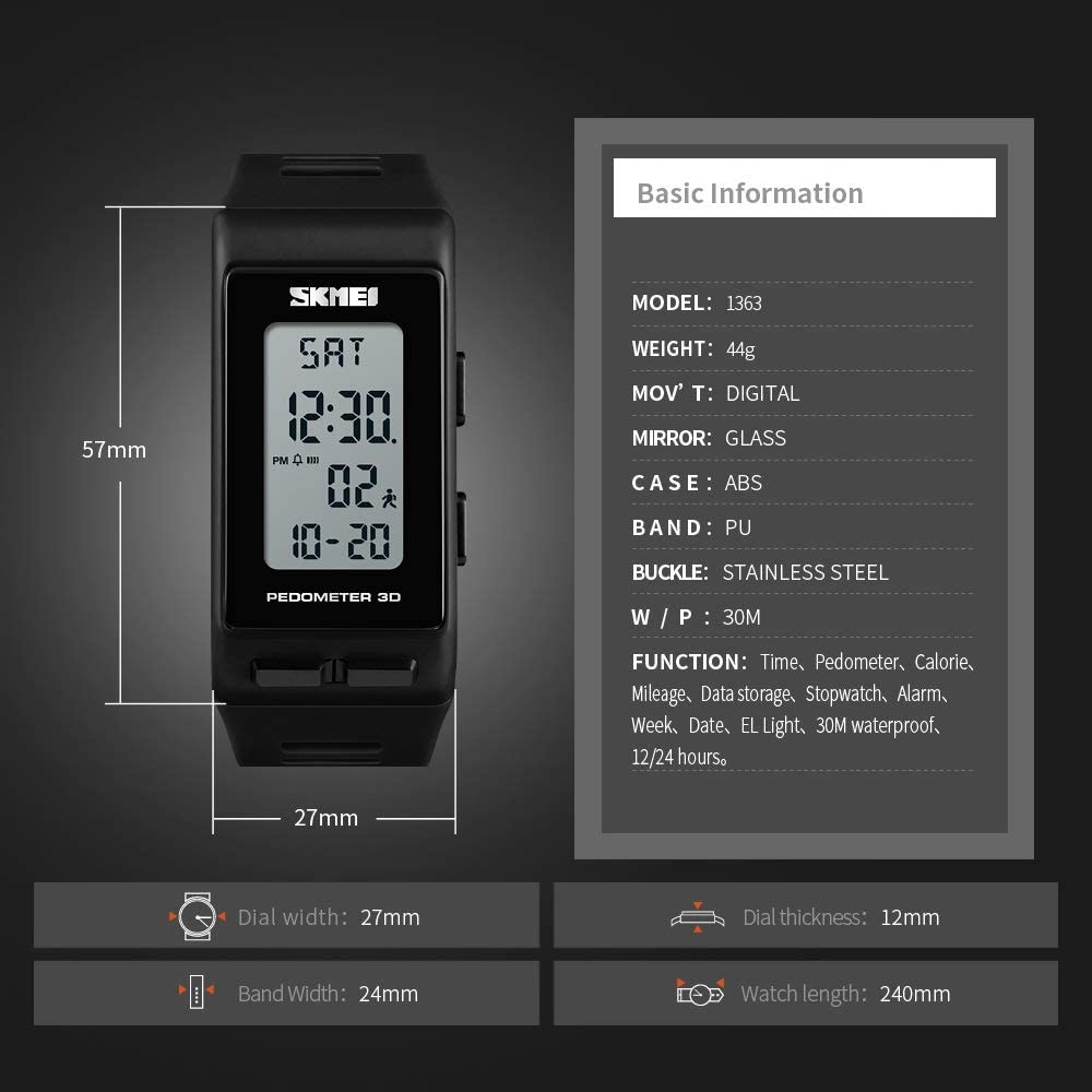 TONSHEN Unisex Outdoor Sport Digital Watch for Men and Women Multifunction Pedometer Calories LED Backlight Stopwatch Rectangular Plastic Case with Rubber Band Wrist Watches for Fitness (Black) - Image 2
