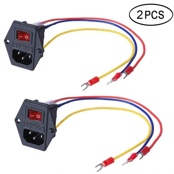 3Dman 15A 250V Rocker Switch Power Socket Inlet Module Plug 5A Fuse Switch with 3PCS 18 AWG Wiring 3 Pin IEC320 C14-2 PCS