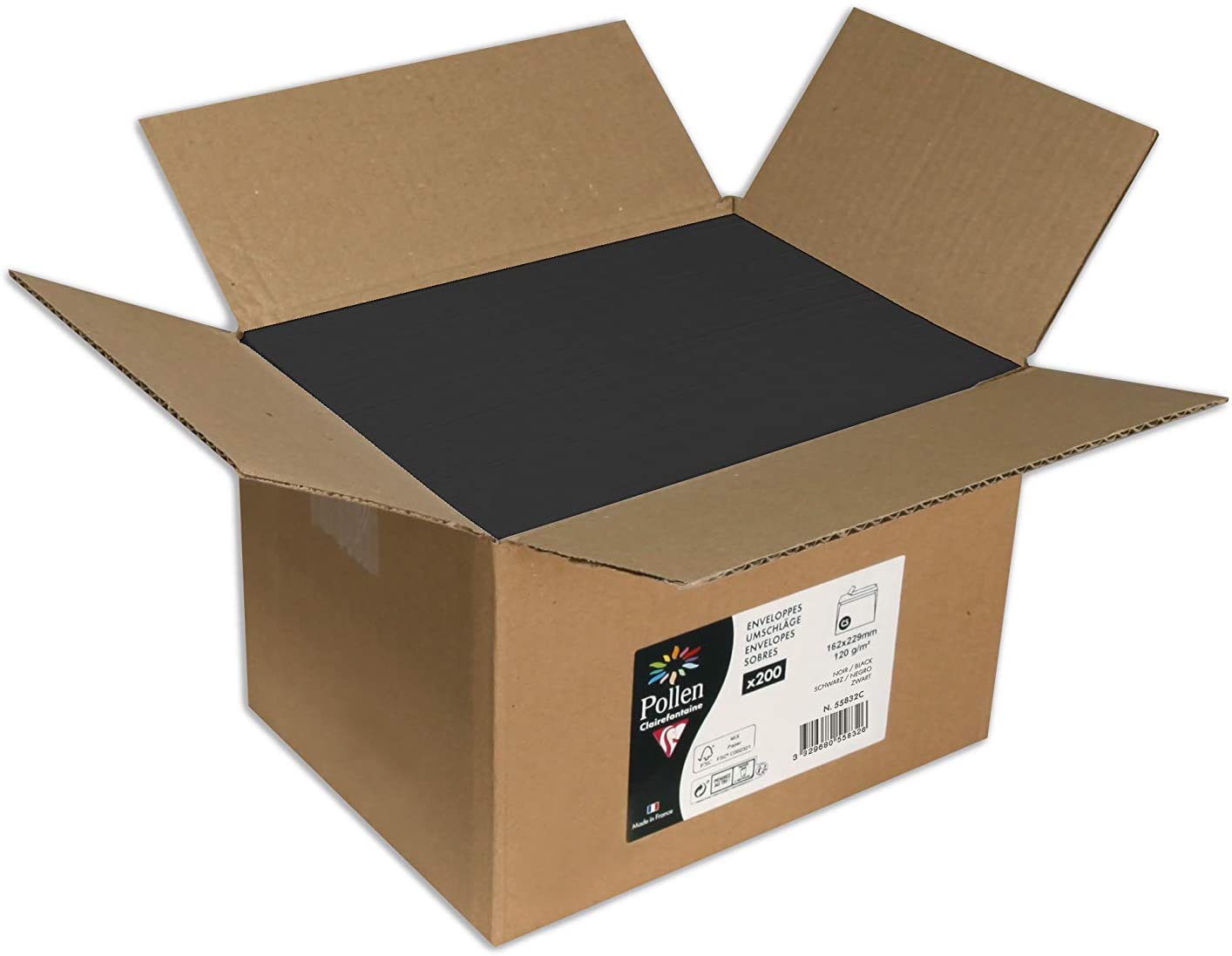 Clairefontaine 55832C Box of 200 Gummed Envelopes Format C5 16,2x22,9cm 120g/m² Colour Black Invitation Event Correspondence Range Pollen Premium Smooth Paper